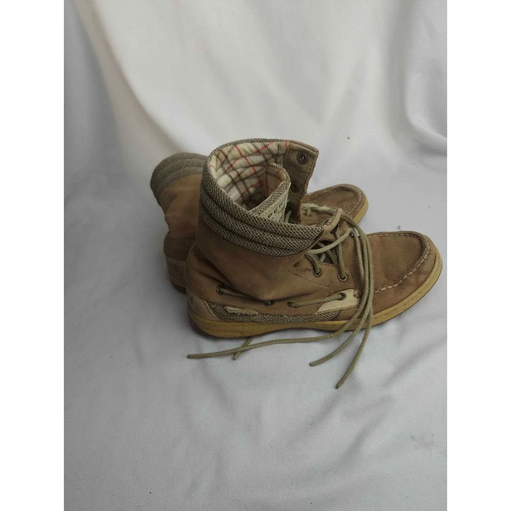 Sperry Top-Sider Tan Leather High Top Boat Boots Plaid Lining Mens 8M